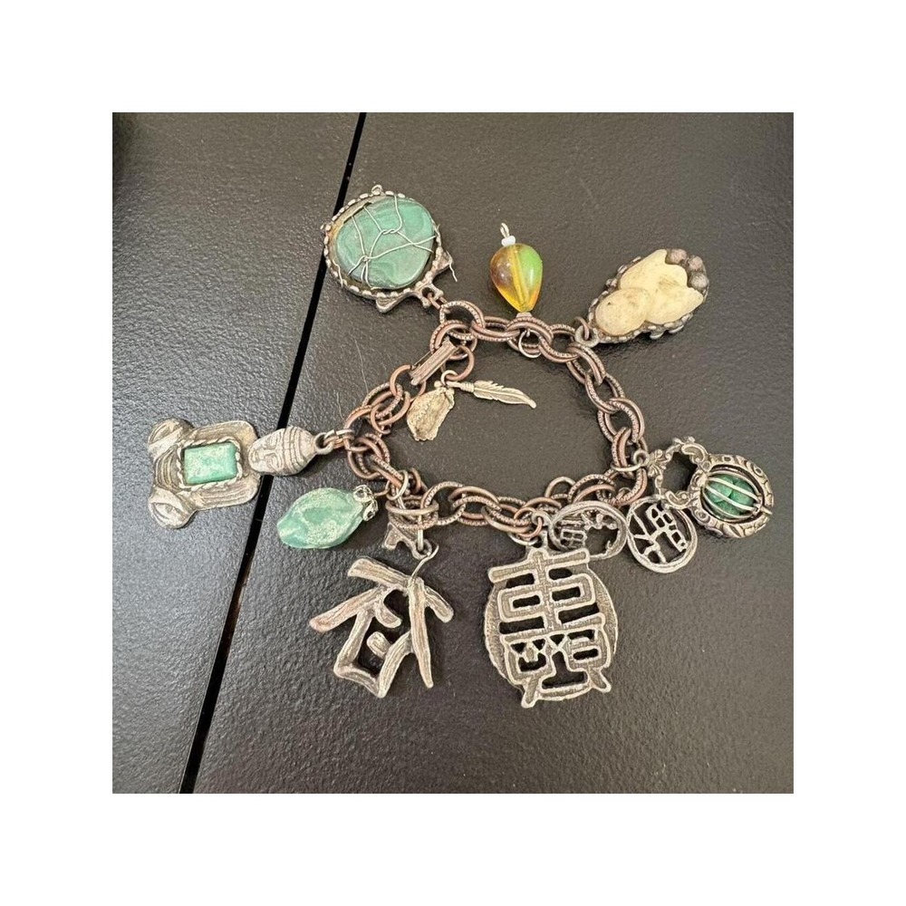 Unbranded Charm Bracelet Women OS Silver Green Fair Boho Asian Symbols Stone